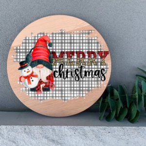 Holiday Decor Merry Christmas Gnome and Snowman Buffalo Plaid Background